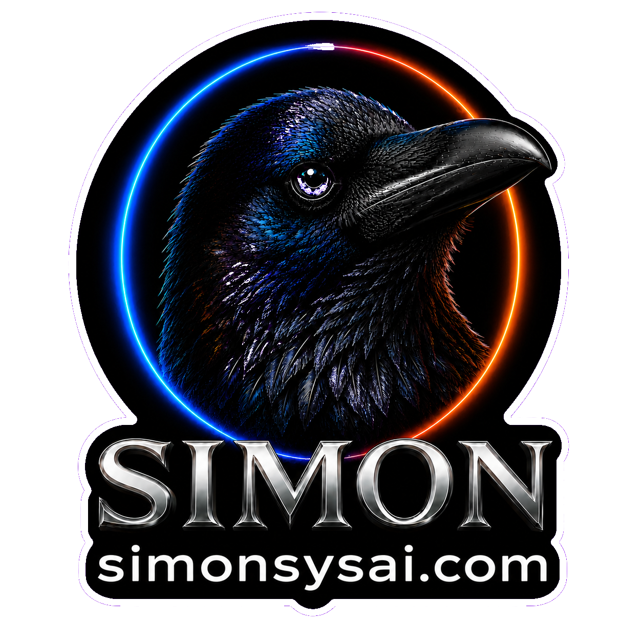 SIMON — an iridescent crow inside a blue and orange ring
